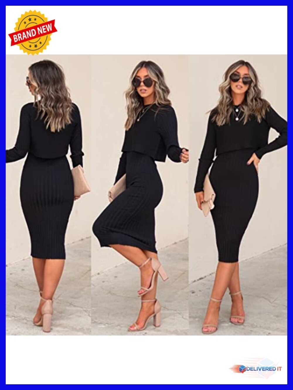 Long Sleeve Sweater Dress Set 2 Piece Crop Top Bodycon Midi Dress - Picture 4 of 6